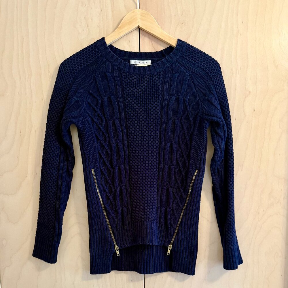 CAbi Navy Blue Preppy Cable Knit Pullover Sweater With Stylish Side Zippers
